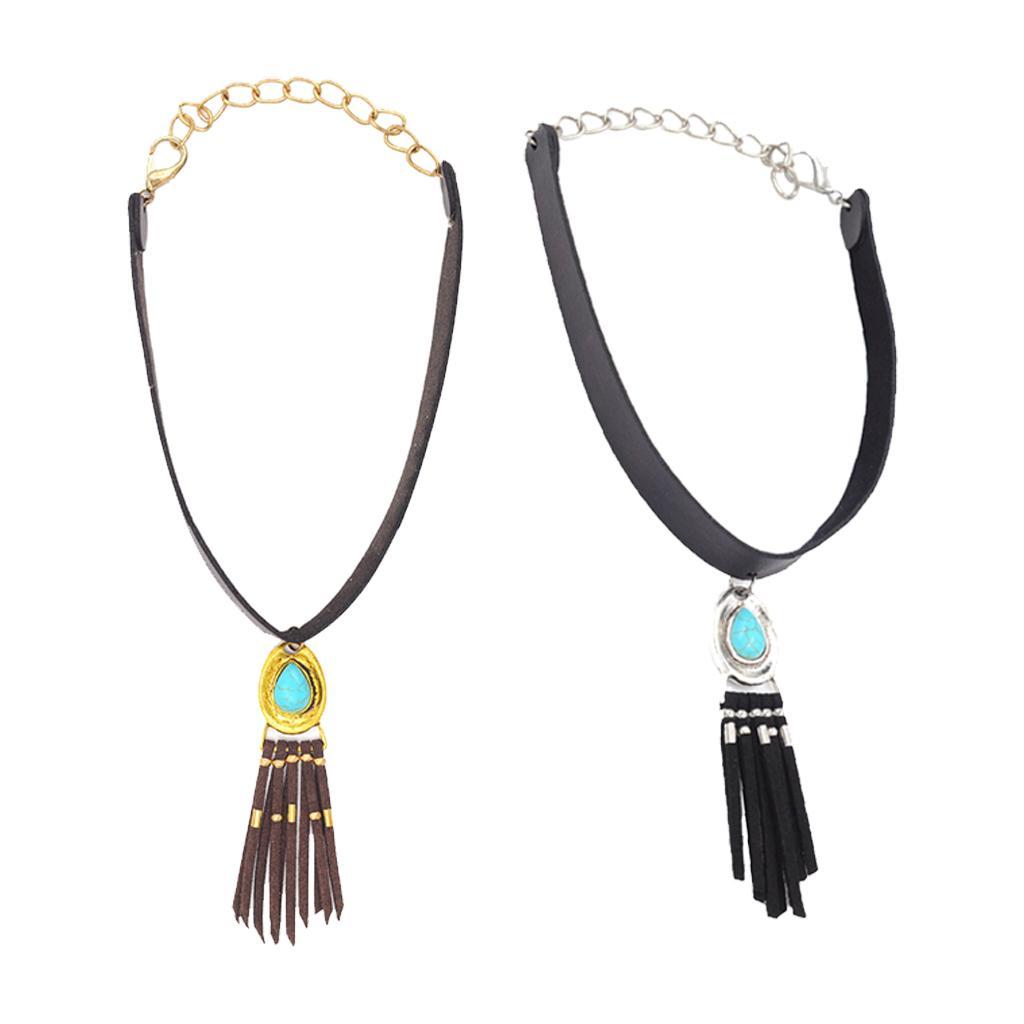 Women Bohemian PU Leather Choker Necklace Charm Pendant with Tassels