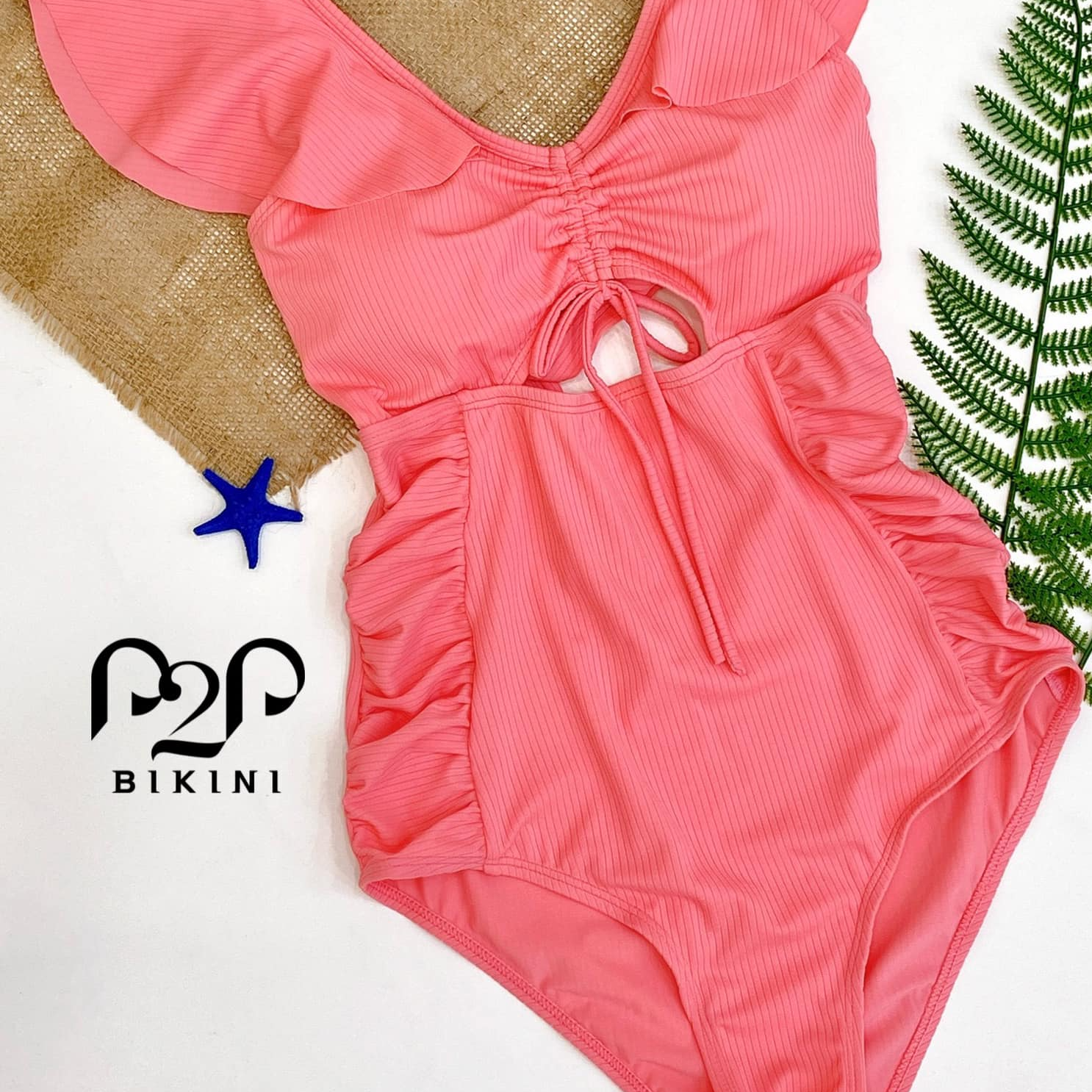 P2P BIKINI - Monokini tay bèo rút dây ngực cut out hồng nhạt - MN370M_TB2