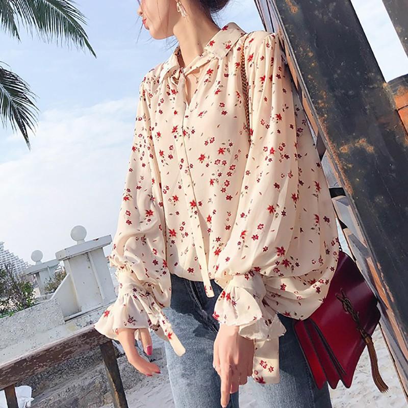 Áo chiffon nữ tay dài phối bèo in hoa phong cách vintage