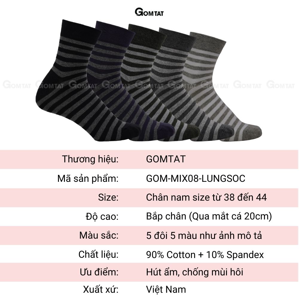 Tất vớ nam cổ trung GOMTAT cao cấp mẫu sọc ngang, chất liệu cotton mềm mại, hút ẩm, thoáng khí - GOM-MIX08-1DOI