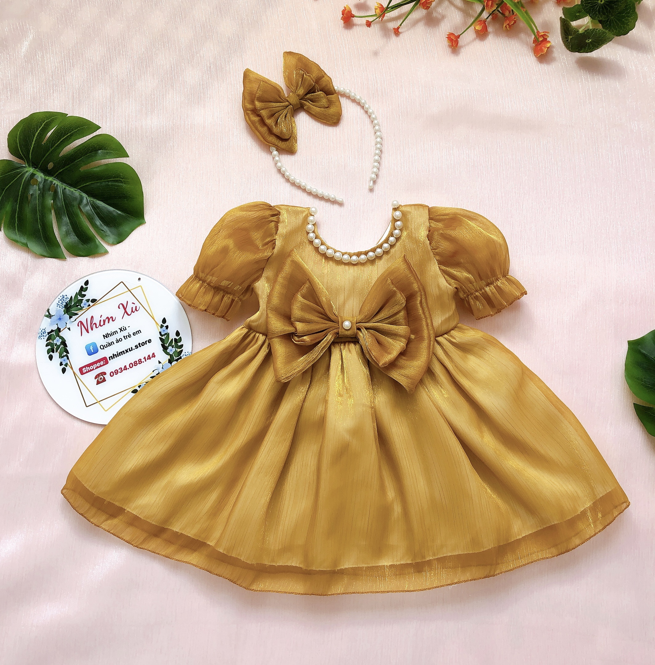Váy Tơ Vàng Lấp Lánh Cho Bé Gái 4 Đến 28kg, Đầm Bé Gái Tặng Kèm Cài