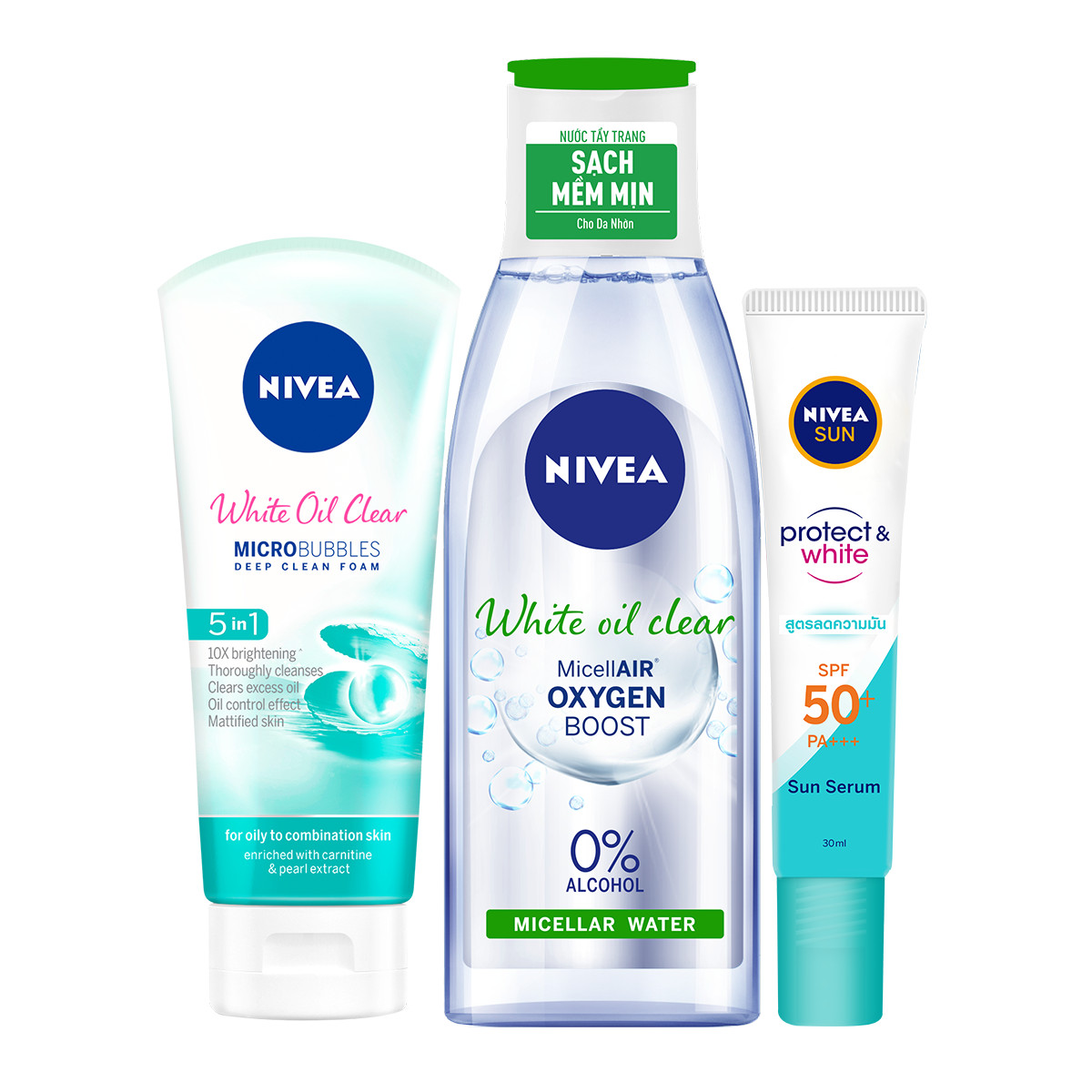 Bộ 3 Tinh Chất Chống Nắng NIVEA Dưỡng Trắng &amp; Kiểm Soát Dầu SPF50+ PA+++ (30ml) - 86060 &amp; Nước Tẩy Trang NIVEA White Oil Clear Kiểm Soát Nhờn Micellar Water (200ml) - 86609 &amp; Sữa rửa mặt NIVEA White Oil Clear giúp trắng da sạch nhờn (100g) - 84951