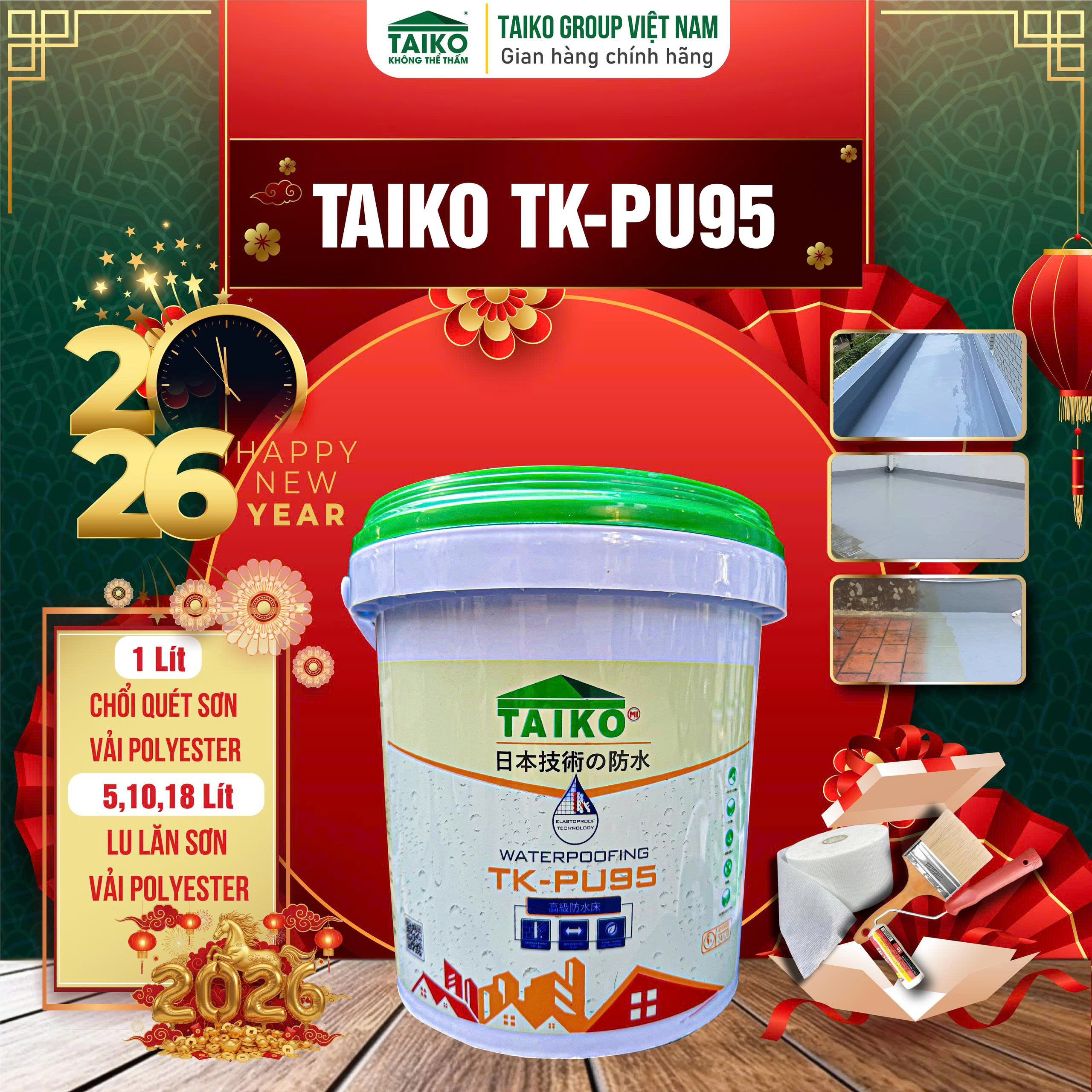 [10Kg] Sơn Chống Thấm PU (Polyurethane) TAIKOMI PU95 - Chống Thấm Sàn Lộ Thiên Đã Ốp Lát Đi Lại Nhiều