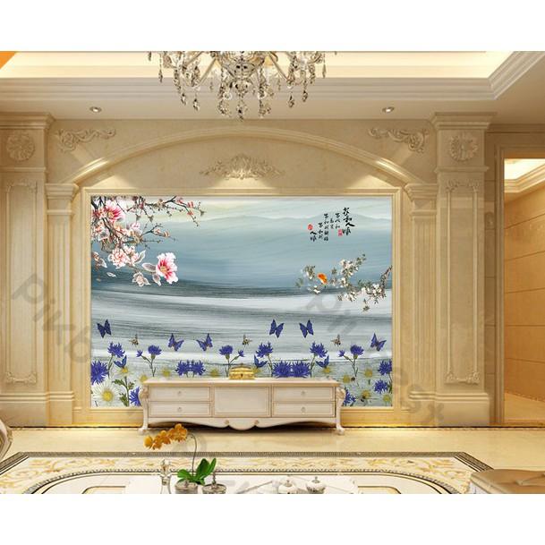 Tranh dán tường Tranh phong cảnh bướm hoa bình minh ban mai, tranh dán tường 3d hiện đại MS652964