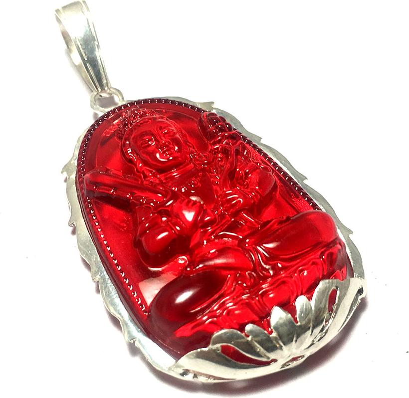 Mặt dây nam bản mệnh ngài Hư Không Tạng  màu đỏ bọc đài sen bạc cho người tuổi Sửu - Tuổi Dần Bạc QTJ - MBM18