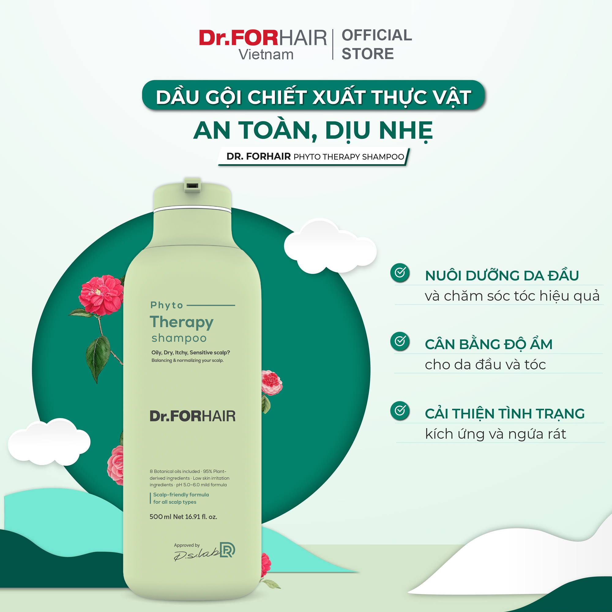 Dầu gội CHO DA NHẠY CẢM, chiết xuất thực vật an toàn và dịu nhẹ Dr.FORHAIR Hàn Quốc Phyto Therapy Shampoo 500ml