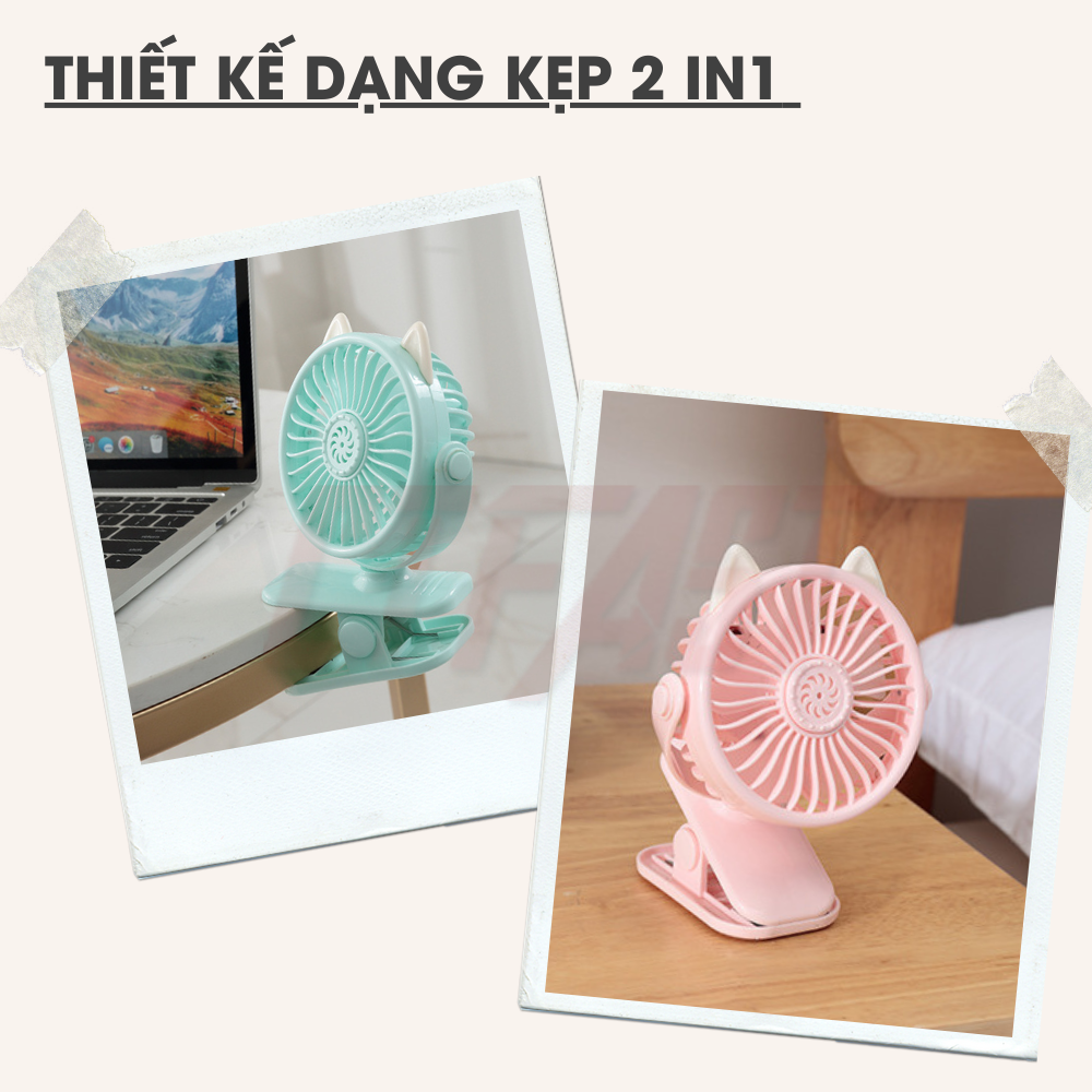 Quạt mini tích điện cầm tay hình mèo CTFAST, quạt để bàn dạng kẹp 2 trong 1 nhỏ gọn tiện dụng, điều chỉnh hướng gió 360 độ, pin sạc 1200mAh - Hàng chính hãng