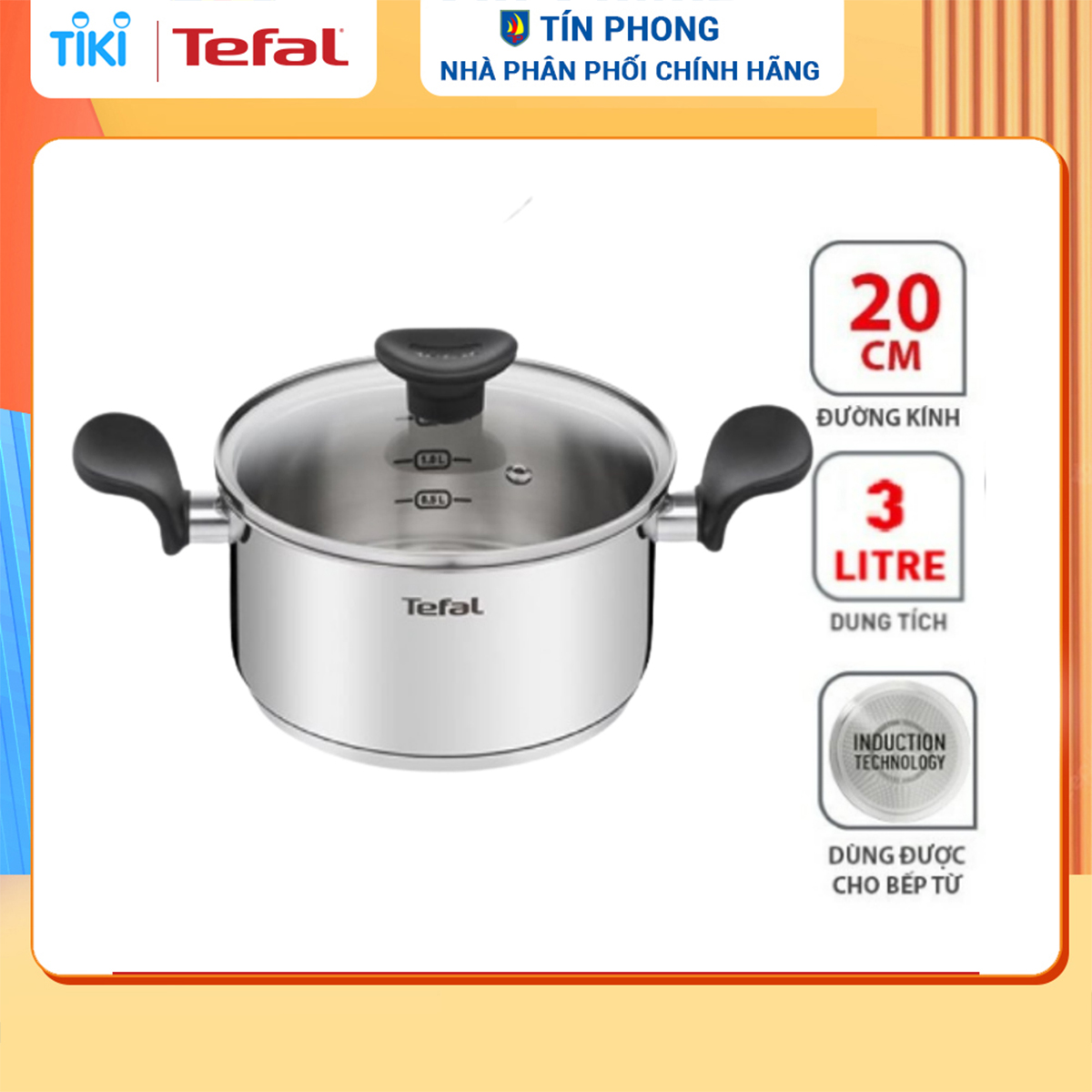 Nồi inox Tefal Primary 20cm, 3L, dùng cho mọi loại bếp- Hàng chính hãng