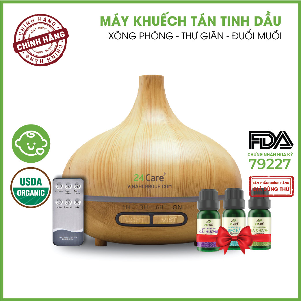 Máy khuếch tán Tinh Dầu 24Care Cổ Cao màu Vàng Ultrasonic 500ml, Tặng 3 Chai Tinh dầu Sả Chanh + Bạc Hà + Oải Hương 24Care 10ml | Xông Phòng | Kèm Remote Điều Khiển |Công nghệ siêu âm tiên tiến.