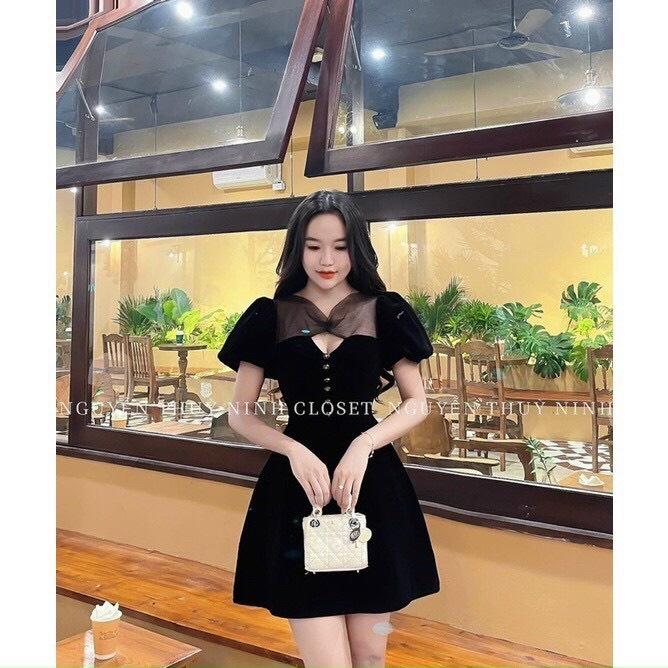 ĐẦM NHUNG PHỐI LƯỚI TAY NGẮN PHỒNG DÁNG XÒE Y HÌNH ĐI TIỆC BAO SANG LUN MẤY NÀNG ƠI