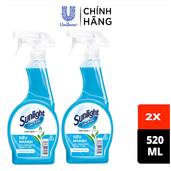 Combo 2 Nước lau kính Sunlight Siêu nhanh | Phiên bản nâng cấp từ Cif | Sạch trong suốt, không tỳ vết | Chai 520ml