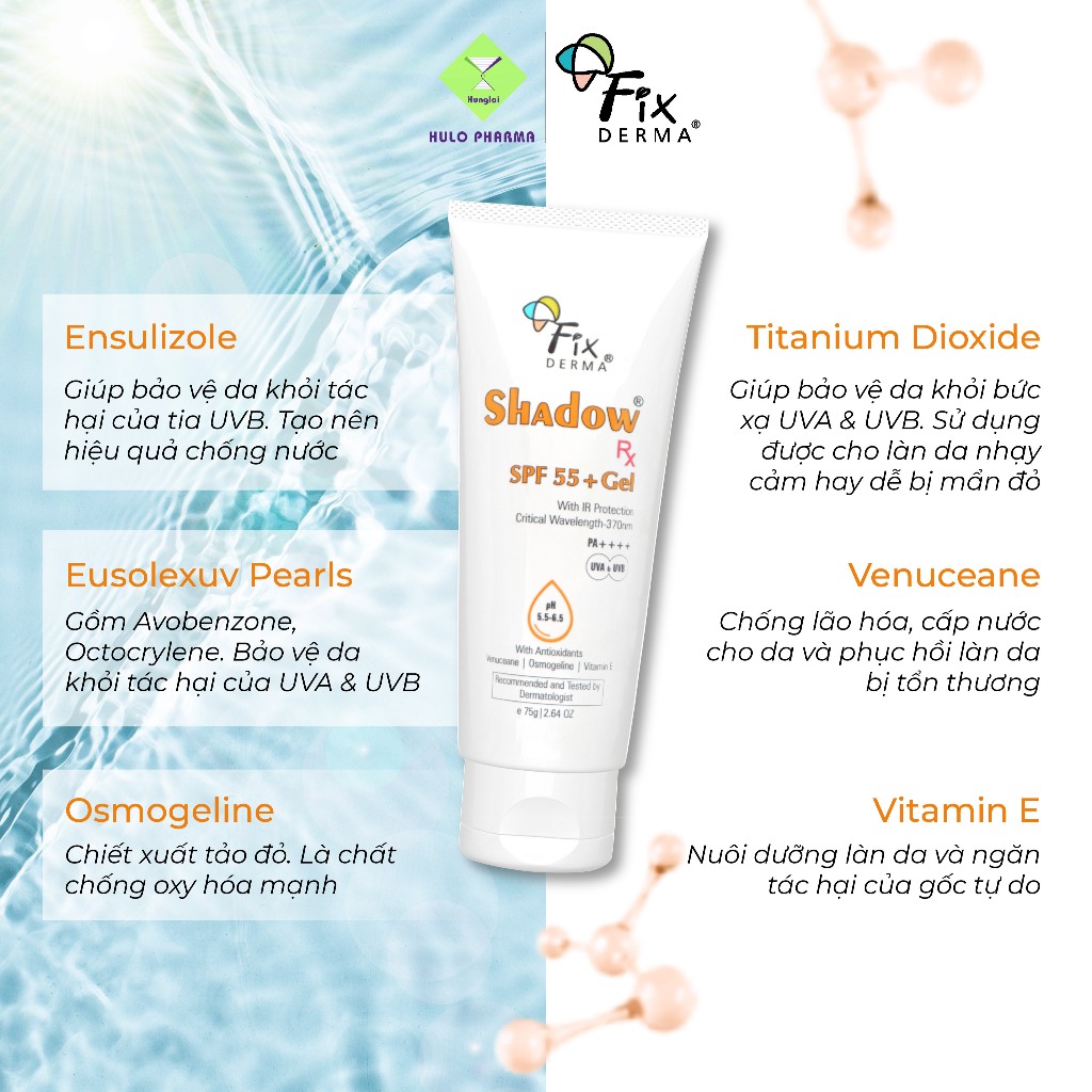 Kem Chống Nắng FIXDERMA Shadow SPF 55+ Gel Cho Da Dầu Mun, Giúp Bảo Vệ Da 75g [Hùng Lợi]