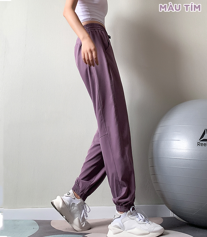 Quần jogger tập gym nữ GYMI QJ06 dáng rộng chất gió giấy mịn thoáng mát có dây rút phù hợp với tập thể thao yoga rumba chạy bộ