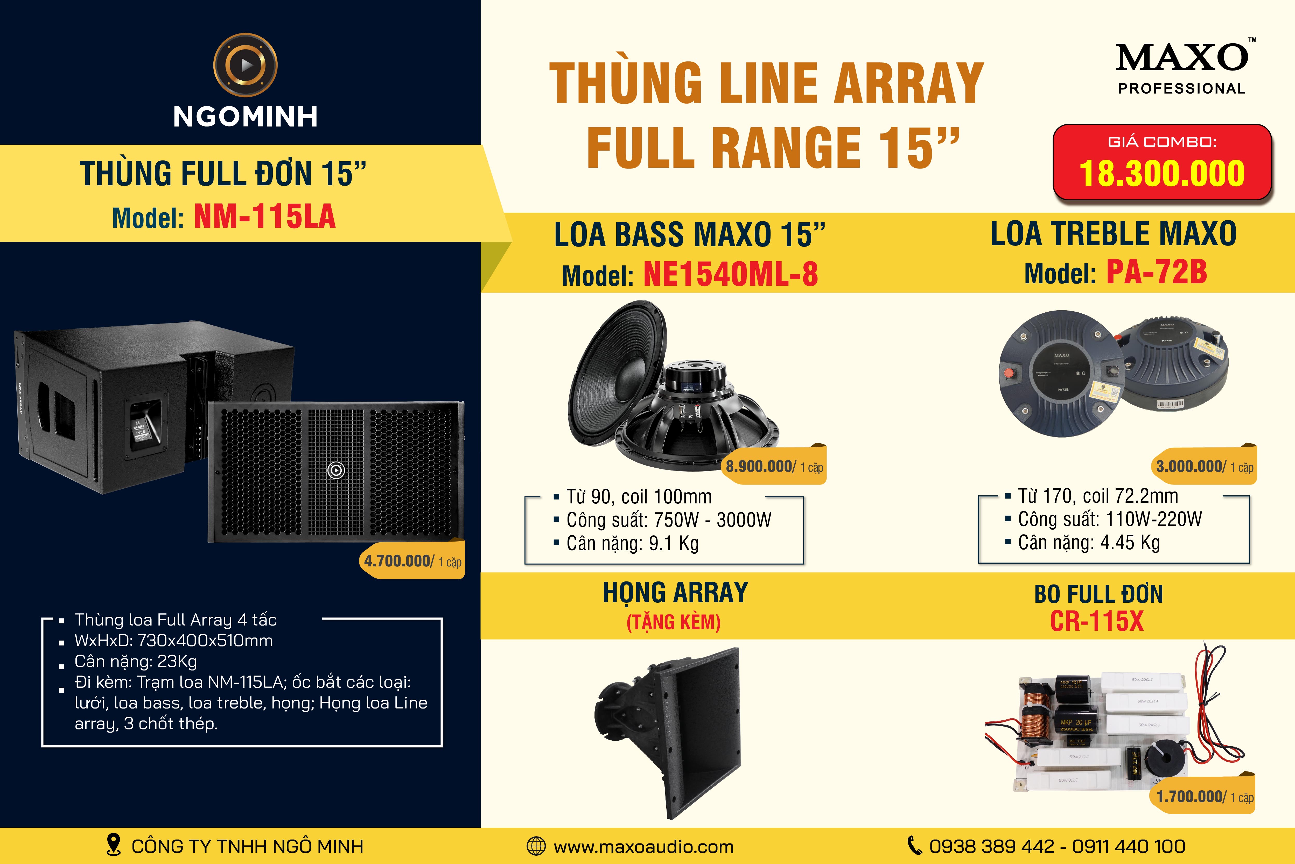 Loa Line Array Full Range 15" NM-115LA, NE1540ML-8, PA-72B, Họng Array, CR-115X