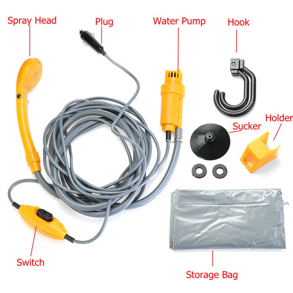 Portable Outdoor Shower Folding Bucket Kit, Camping Car 12V Cigarette Water Heated Basin Bag Container, Car Pet Washer Washing Pump
