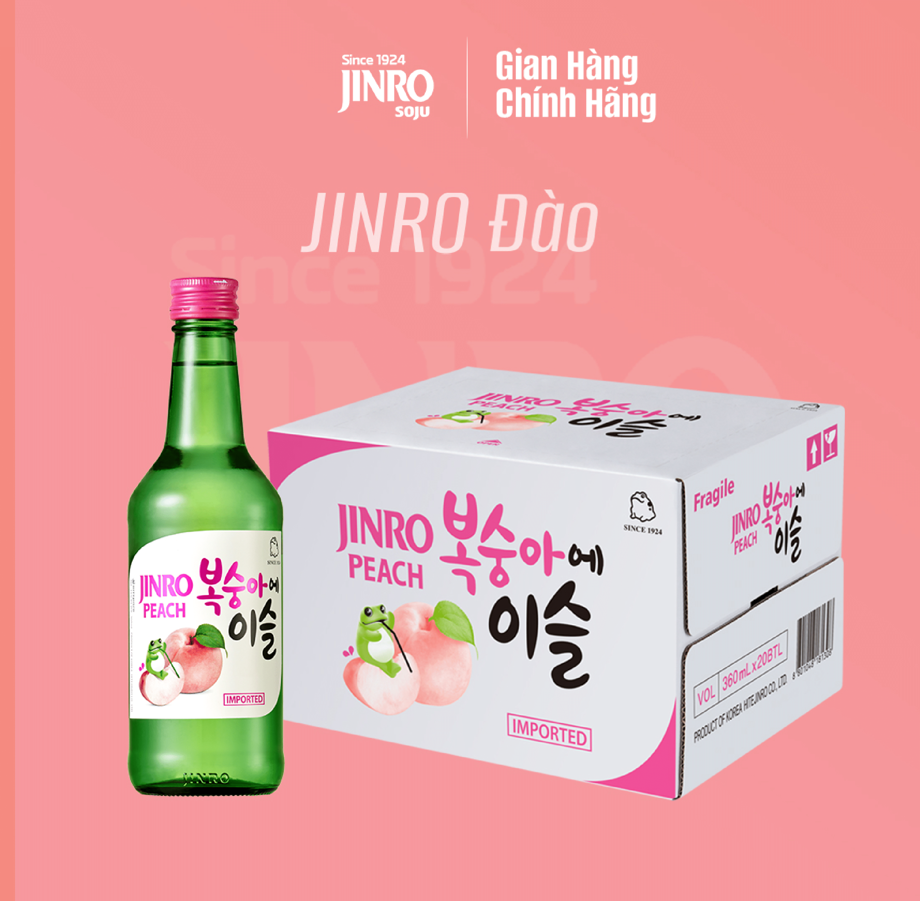 [CHÍNH HÃNG] Soju Hàn Quốc JINRO VỊ ĐÀO 360ml - Thùng 20 chai