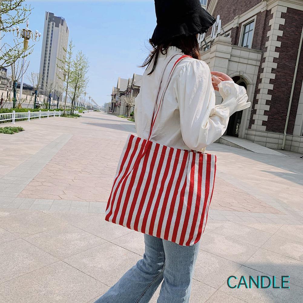 Túi Xách Đeo Vai Vải Canvas Cỡ Lớn Kẻ Sọc Phối Màu Xinh Xắn Cho Nữ