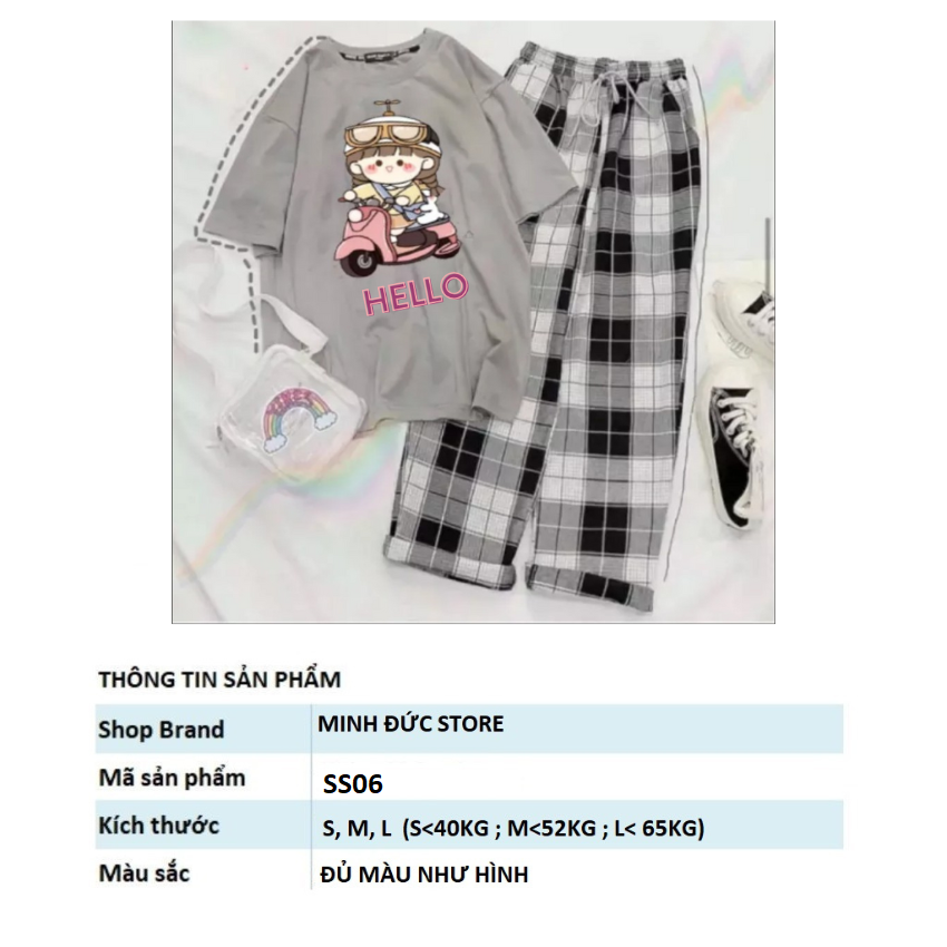 Sét Áo Và Quần, SS06 Sét Đồ Nữ Đi Chơi Đẹp In Hình Cô Gái Lái Xe Dễ Thương, Sét Áo Vải Cotton,Và Quần Kẻ Cá Tính
