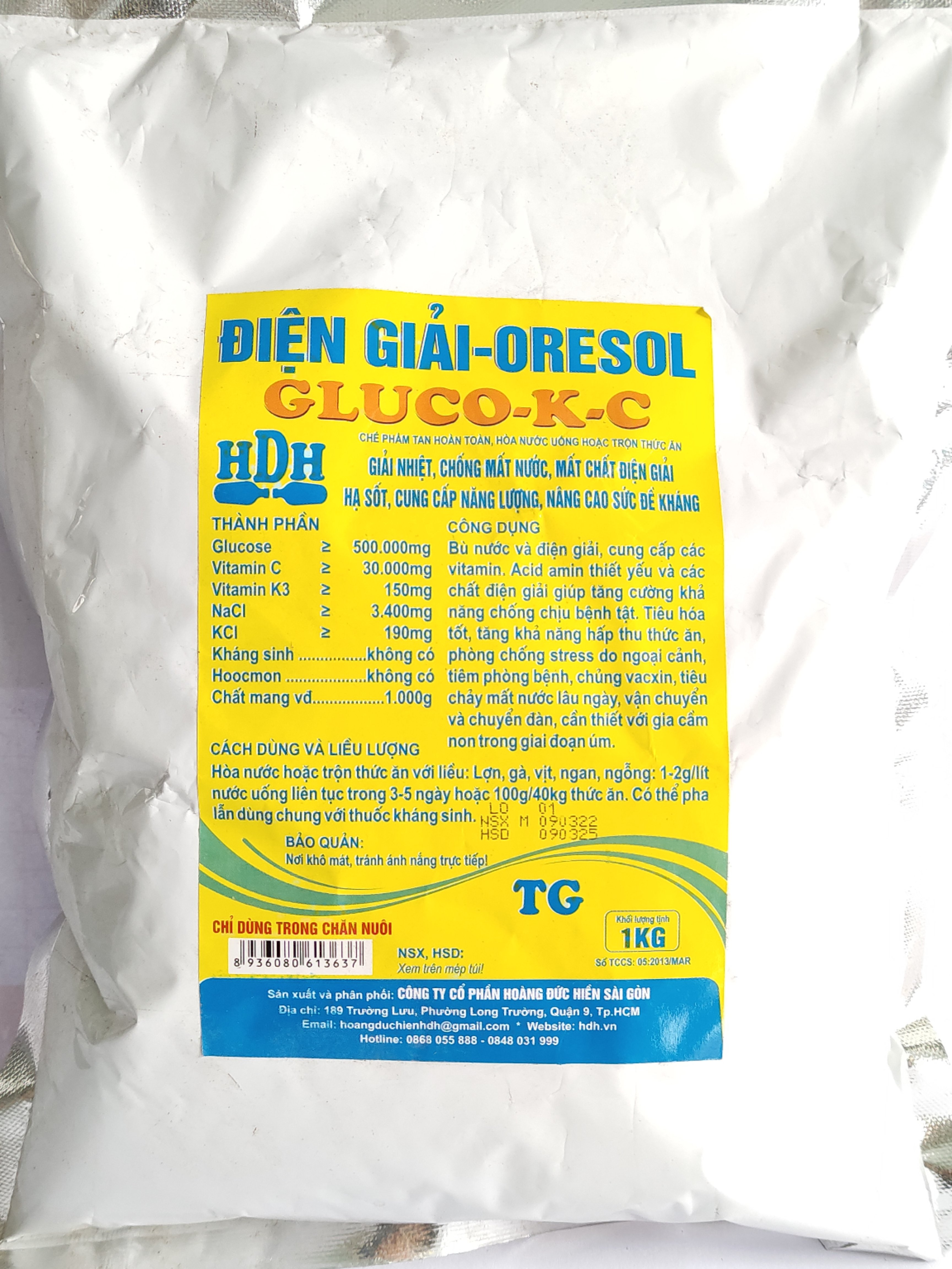 HDH ĐIỆN GIẢI ORESOL GLUCO KC 1KG chế phẩm tan hoàn toàn hoà nước uống hoặc trộn thức ăn giải nhiệt, chống mất nước, mất chất điện giải, hạ sốt, cũng cấp năng lượng