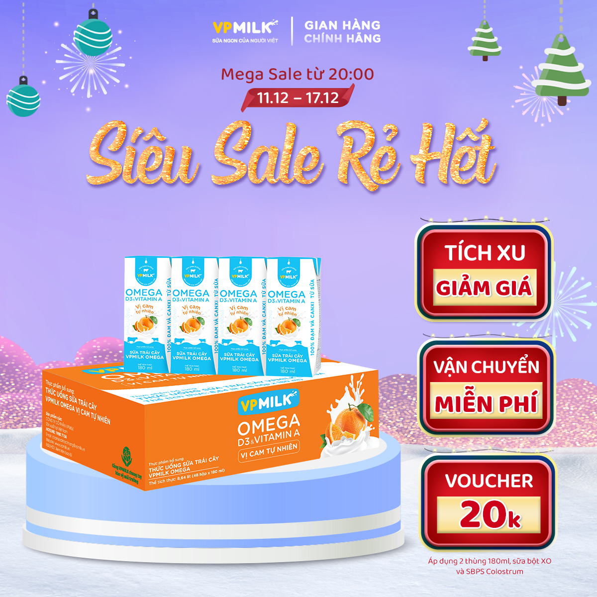 Sữa trái cây VPMILK Omega vị CAM tự nhiên cho bé trên 1 tuổi hộp 180ml (Thùng 48 hộp)