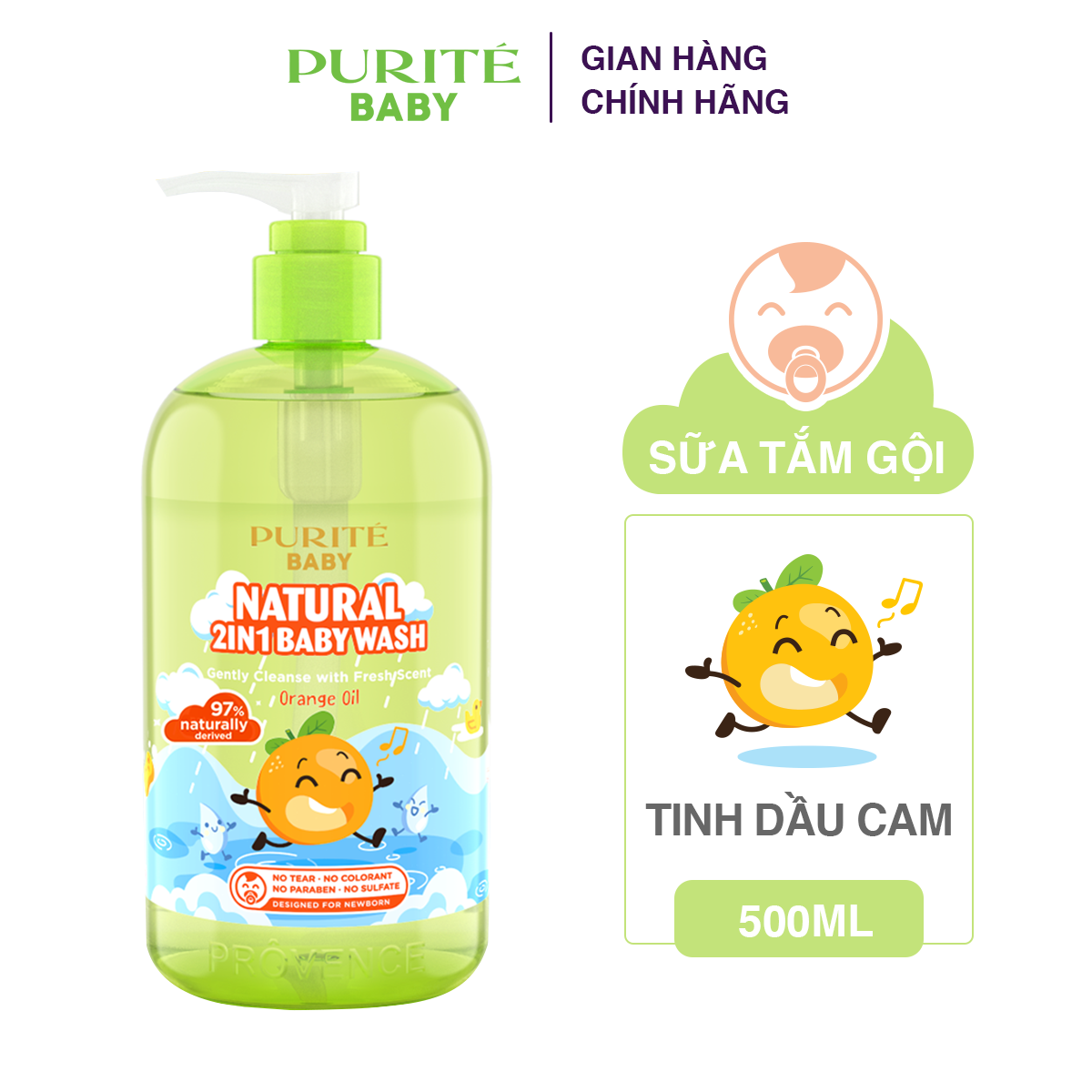 [Hàng Chính Hãng] Sữa Tắm Gội Thiên Nhiên Tinh Dầu Cam Purité Baby 500ml