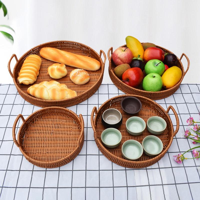 Khay Đựng Thức Ăn Hình Tròn Bằng Mây Đan Có Tay Cầm Tiện Dụng