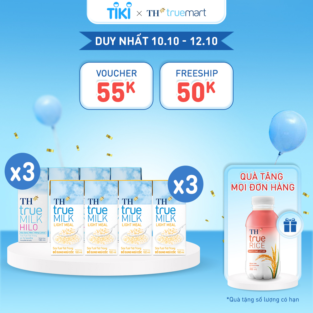 Combo 3 lốc sữa tươi tiệt trùng TH true Milk HILO Hilo &amp; 3 lốc sữa tươi tiệt trùng TH True Milk Light Meal bổ sung ngũ cốc (180ml x 24)