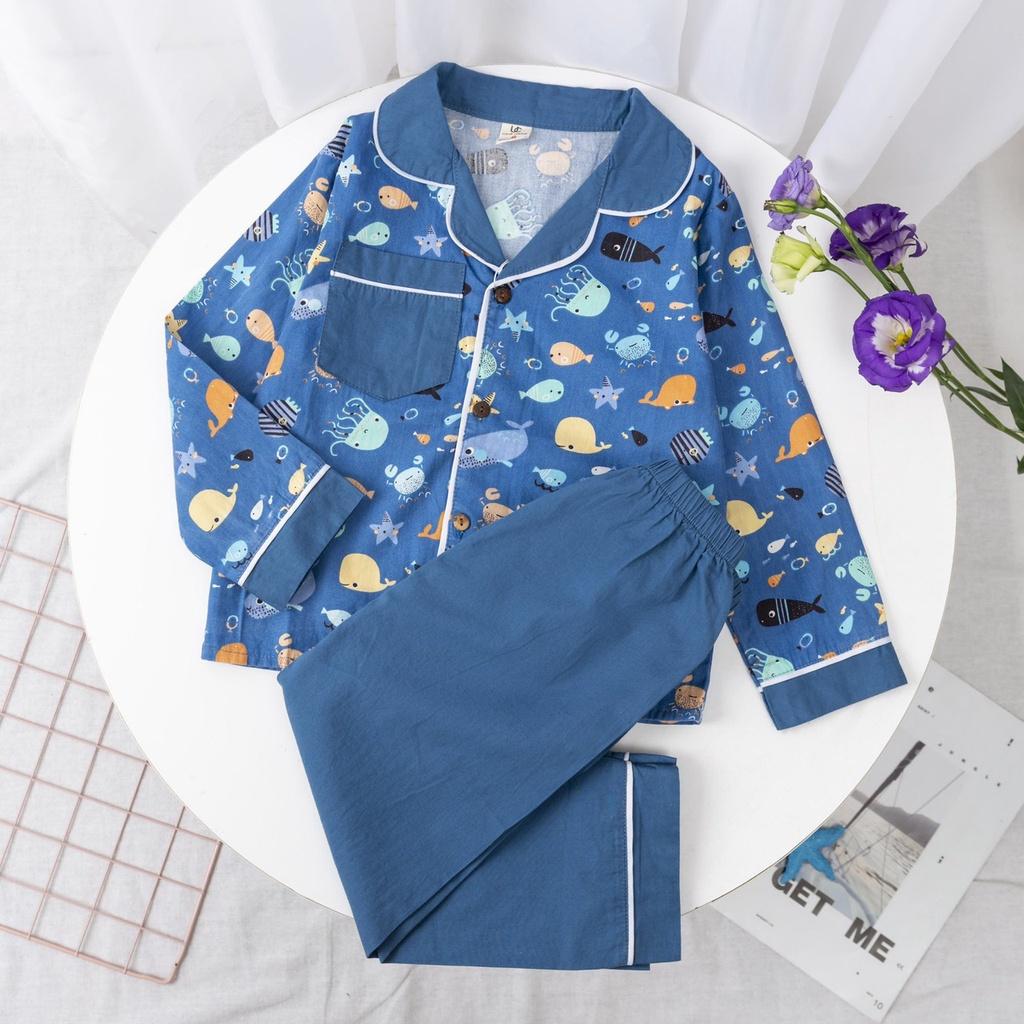 Bộ quần áo trẻ em dài tay Bộ pijama Chất liệu thô hàn cho bé gái từ 18-30kg PIKA KIDS