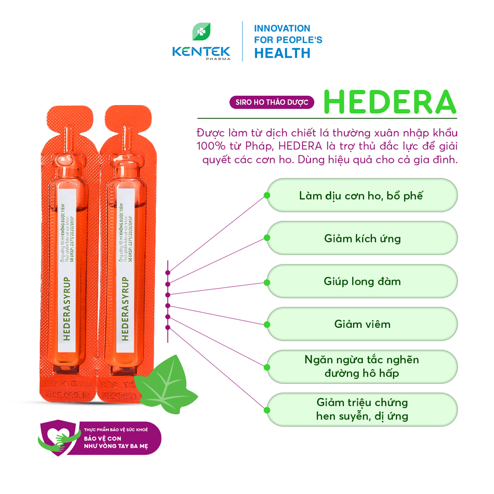 Siro ho thảo dược, chiết xuất lá thường xuân bổ phế, giảm ho dành cho trẻ em HEDERA | Kentek Pharma | Ống 10ml, Hộp 20 ống