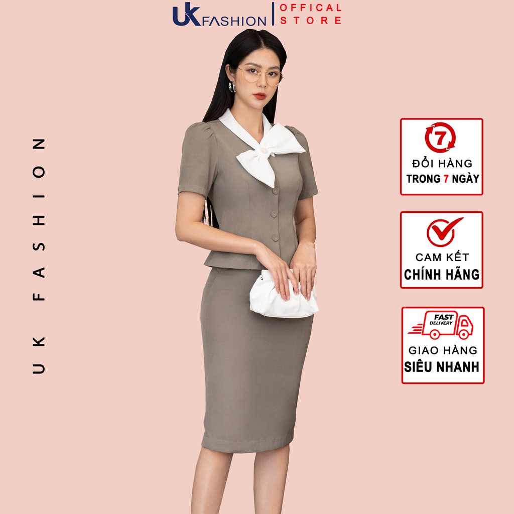 Set Đồ Công Sở Nữ Thời Trang UK Fashion Chân Váy Cơ Bản Kết Hợp Áo Cổ Nơ, Vải Nhập Hàn Cao Cấp, Mềm Mượt, NKBD2201002