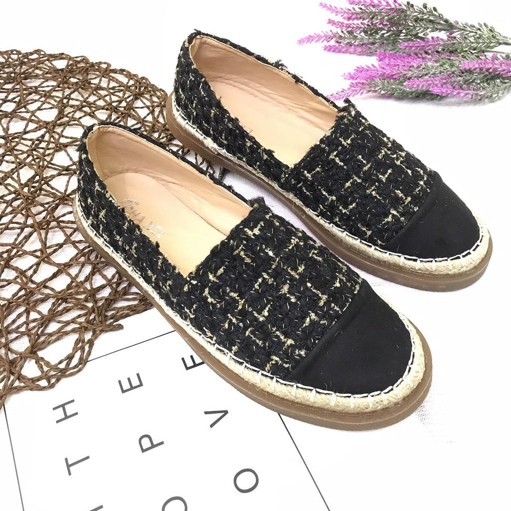 Giày lười slip on nữ vải dạ phối da xinh xắn