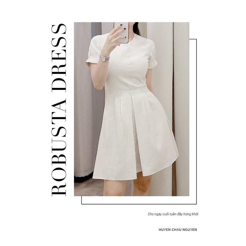 Đầm Robusta Dress Chất Linen Màu Muối tiêu Dáng xòe A ngắn cổ tròn HUYEN CHAU NGUYEN C1SDA033BE