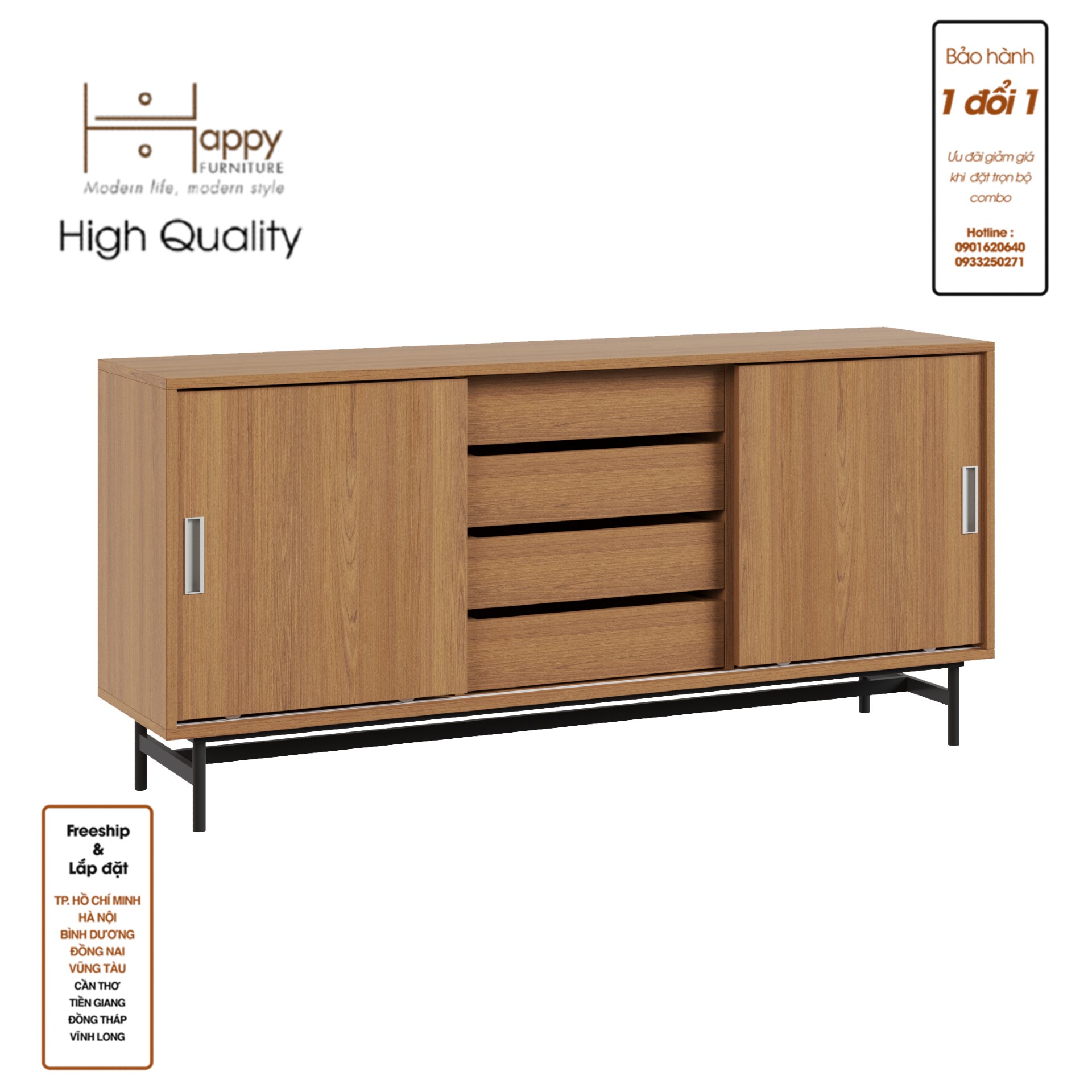 [Happy Home Furniture] LUCA, Tủ lưu trữ 4 ngăn cánh lùa - Chân sắt, 150cm x 36cm x 70cm ( DxRxC), TCL_022