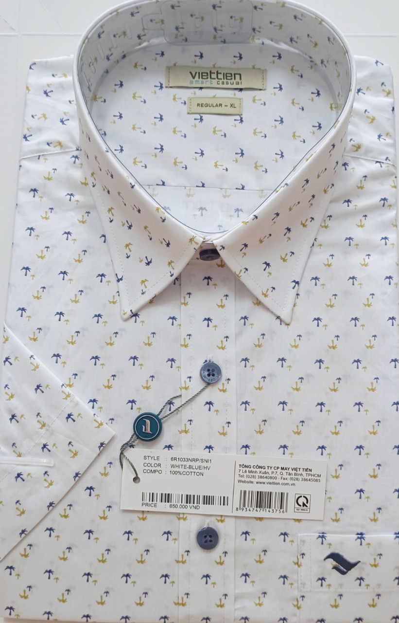 Viettien Áo sơ mi nam Việt Tiến Smart Casual ngắn tay vạt ngang xẻ sườn Mã 6R1033NRP/SNI1 tự 100% Cotton