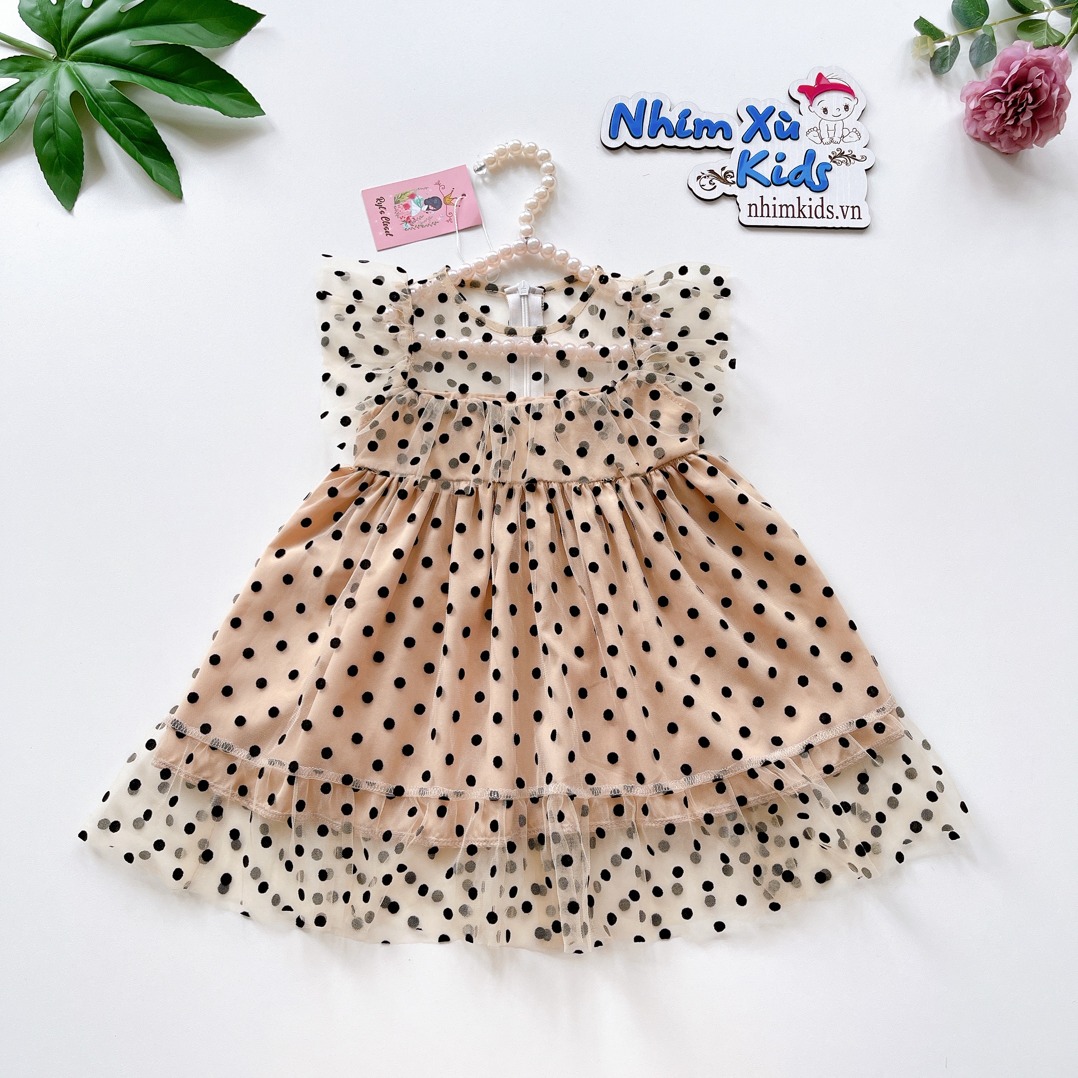 Váy Lưới Bi Nhung Bé Gái 4 Đến 30kg Chất Lụa Phối Lưới Nhung Bi