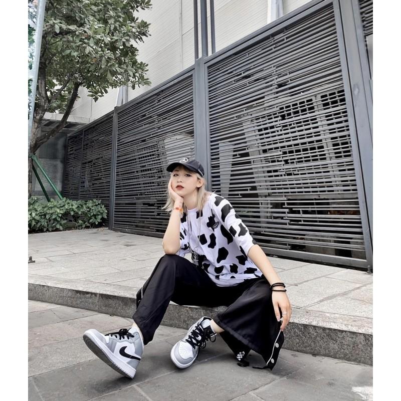 Áo thun cotton tay lỡ Unisex -- ÁO Loang Bò Sữa LOGO TAY LỠ Dáng Dài --Bống Store