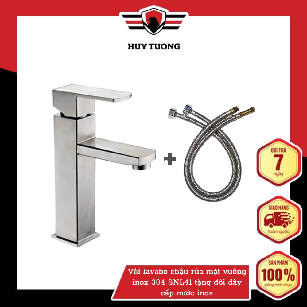 Vòi lavabo chậu rửa mặt vuông inox 304 SNL41 tặng đôi dây cấp nước inox