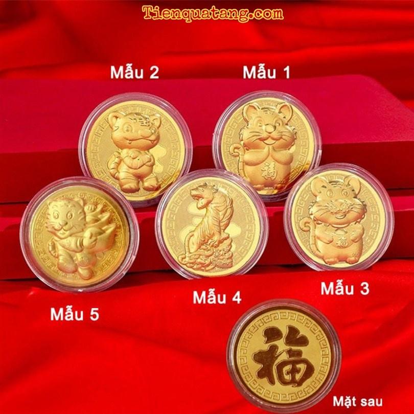Lì Xì Tết Với Tiền Xu Hình Con Hổ Vàng Lưu Niệm May Mắn - Tặng Kèm Túi Vải