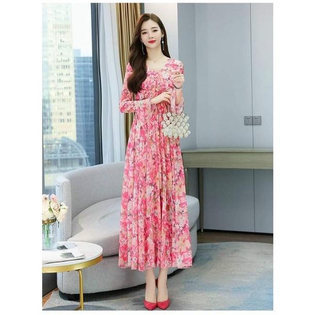 HÀNG NHẬP - ĐẦM MAXI VOAN HOA CỔ V VIỀN BÈO TAY DÀI EO THUN