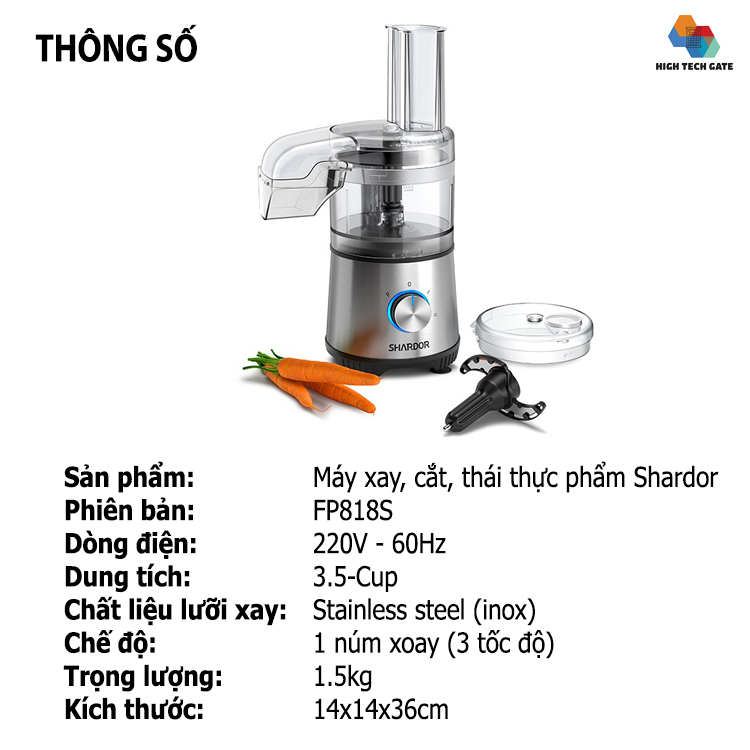 Máy xay cắt thực phẩm đa năng Shardor FP818S tích hợp 3 chức năng trong 1, xay thịt, thái lát và bào sợi rau củ quả, công suất 350W, hàng chính hãng