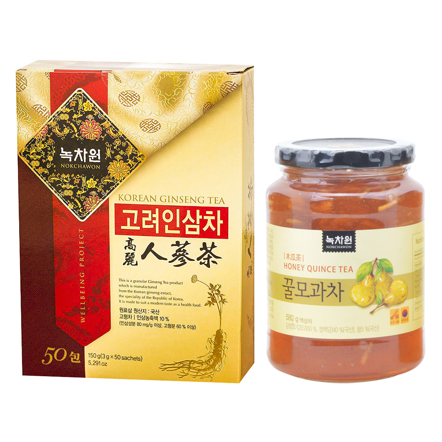 Combo Trà Mộc Qua Mật Ong Nokchawon Honey Quince Tea (580g) + Trà Nhân Sâm Hàn Quốc Nokchawon Korean Ginseng Tea (3g x 50 gói)