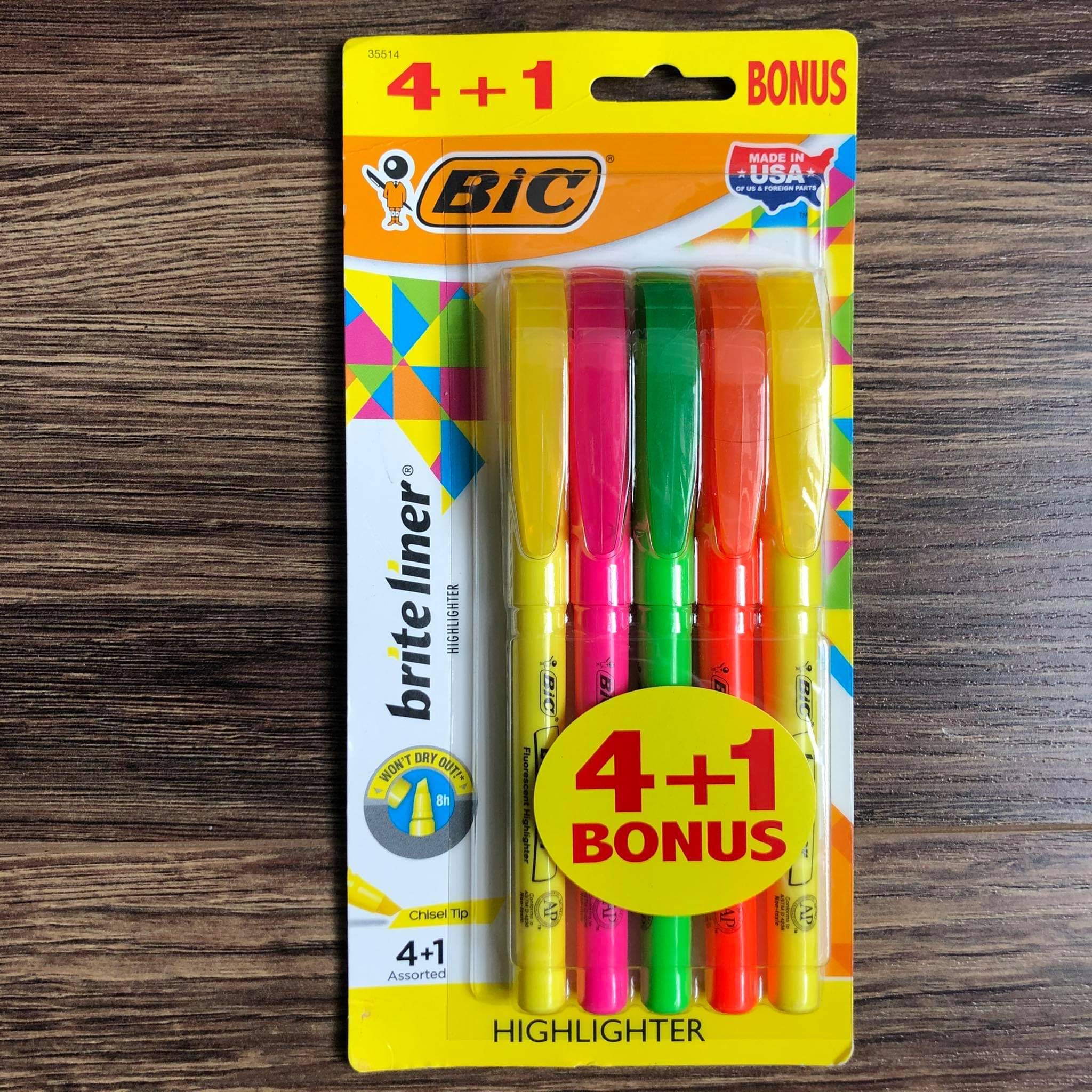 BỘ 5 CÂY (4 MÀU) BÚT DẠ QUANG NÉT VỪA THƯƠNG HIỆU BIC