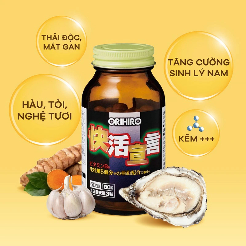 Thực phẩm chức năng tăng cường sinh lý nam giới, thải độc gan: Tinh chất hàu tươi, tỏi, nghệ Orihiro Nhật Bản (180 viên)