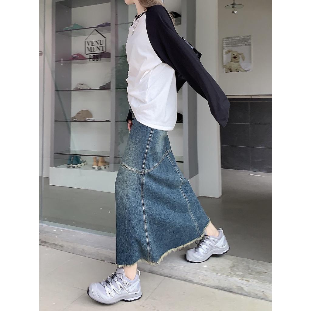 Chân váy bò dáng dài EMIX, denim, đuôi cá, dáng ôm, phối bèo dài, ulzzang Hàn Quốc 6857