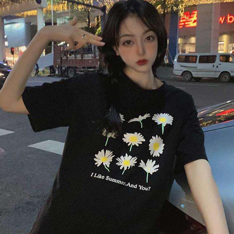 Áo Thun Tay Ngắn Cổ Tròn Hoạ Tiết Hoa Thiết Kế Dáng Rộng Thoải Mái