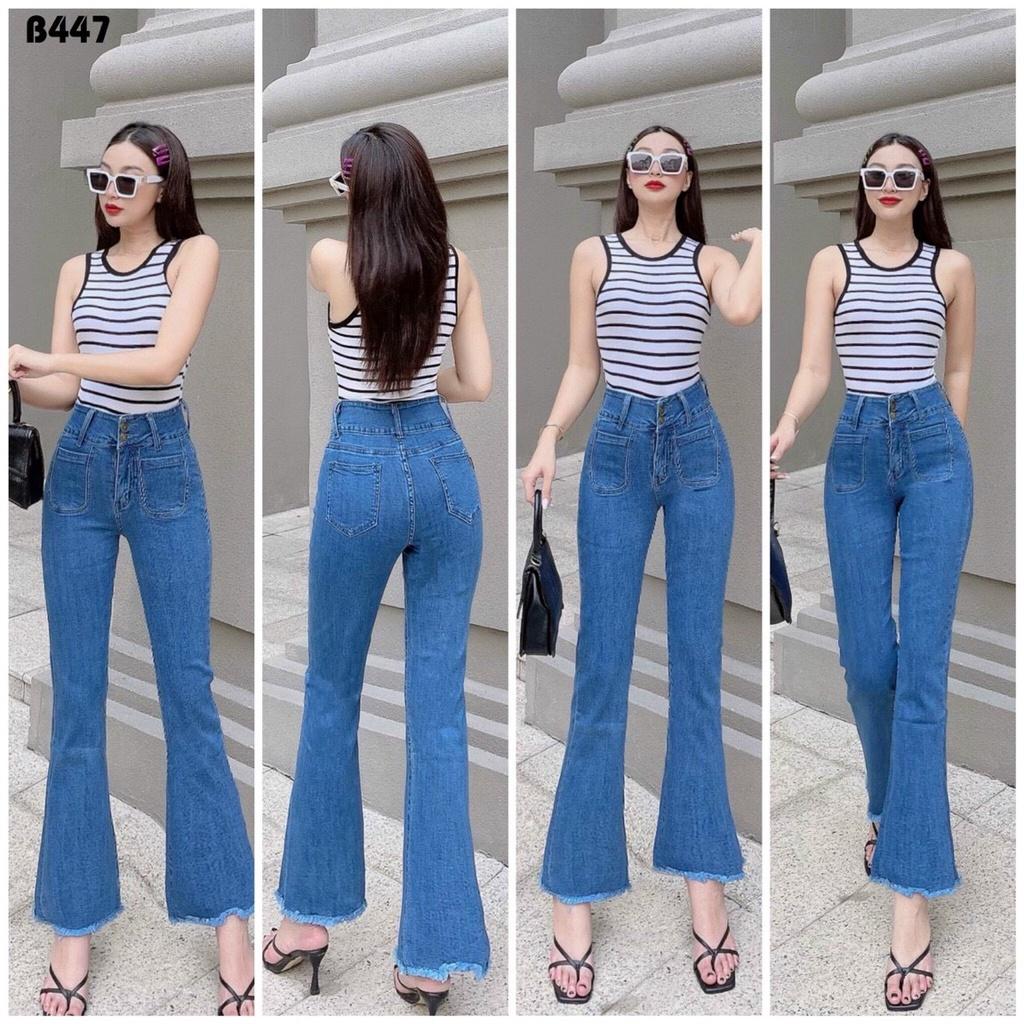 Quần Jeans Nữ, Quần Bò NỮ Ống Loe dài Lai Tua Lưng Cao Co Giãn