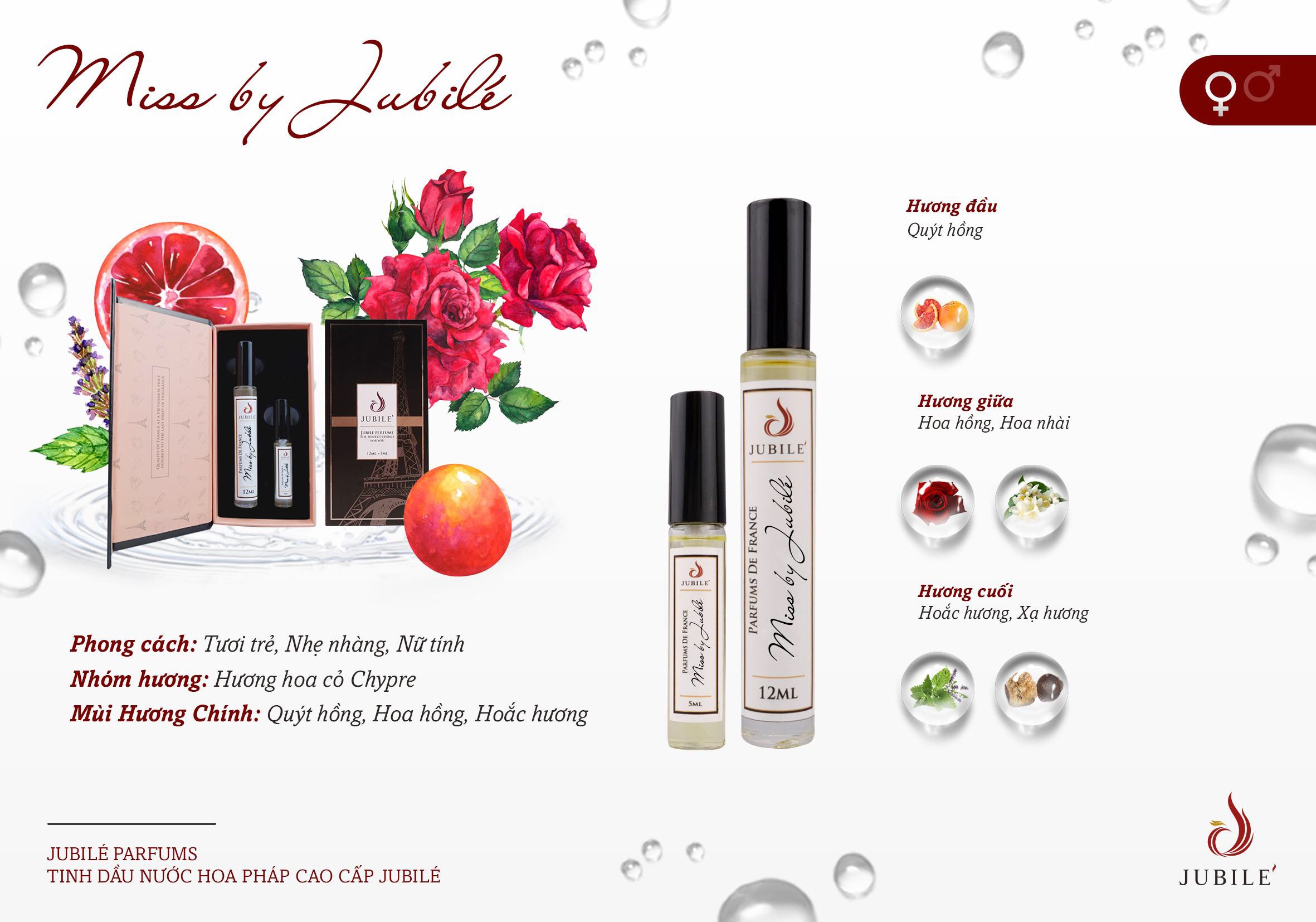 Miss by Jubilé - Tinh dầu nước hoa Pháp nữ Dạng lăn 12ml Thơm Lâu, Sang Trọng, Quyến Rũ
