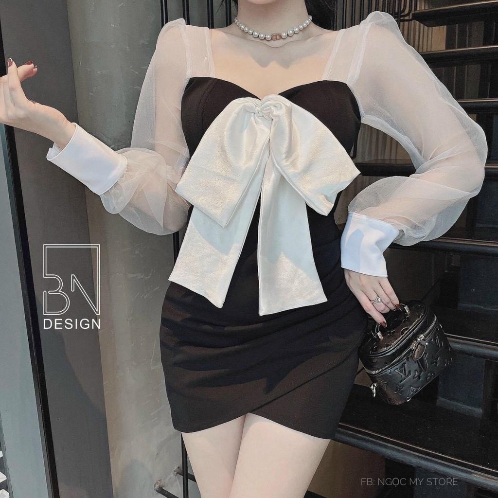Đầm váy nữ cổ vuông tay dài phối lưới ngực tết nơ from ôm body tà chéo sexy, quyến rũ thời trang nữ dự tiệc