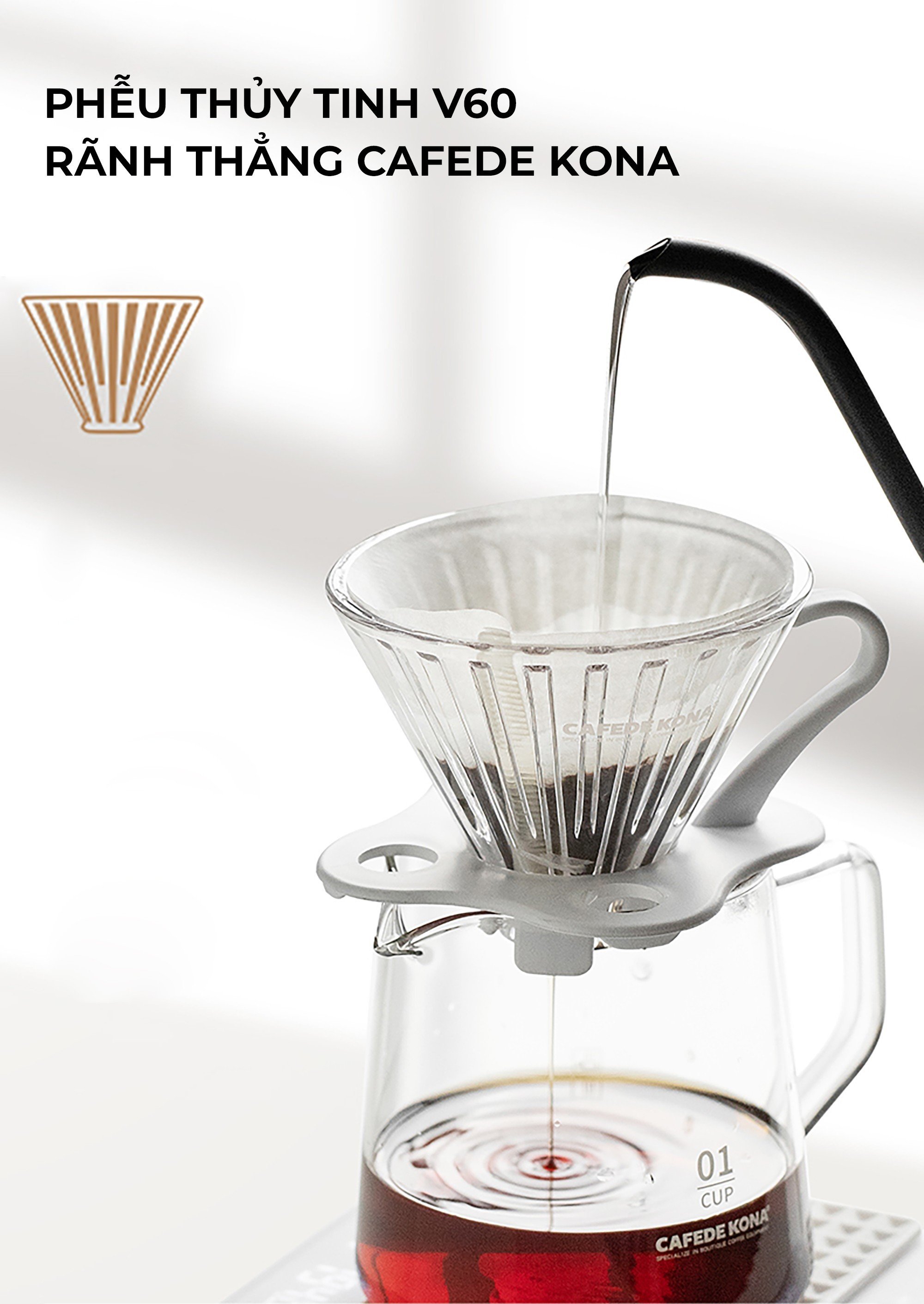 Phễu thuỷ tinh V60 rãnh thẵng đế nhựa đen CAFE DE KONA