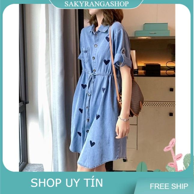 HÀNG NHẬP - ĐẦM JEAN SƠ MI EO RÚT DÂY HỌA TIẾT TRÁI TIM